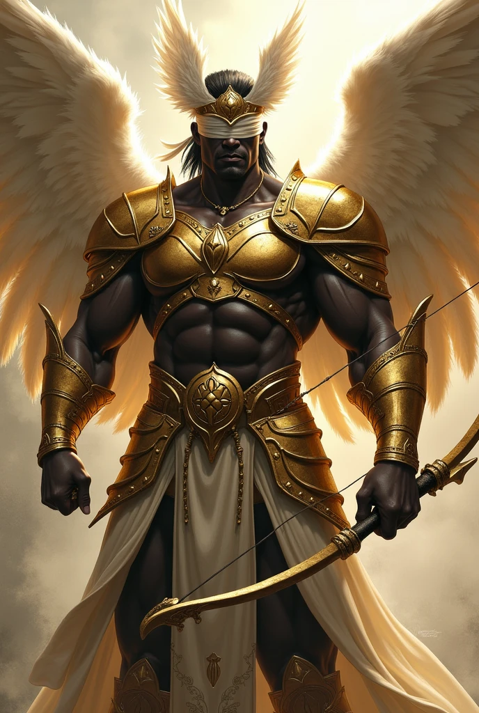 Muscular Black Male Angel, with golden armor and feathered helmet, blindfolded, and bow and arrow