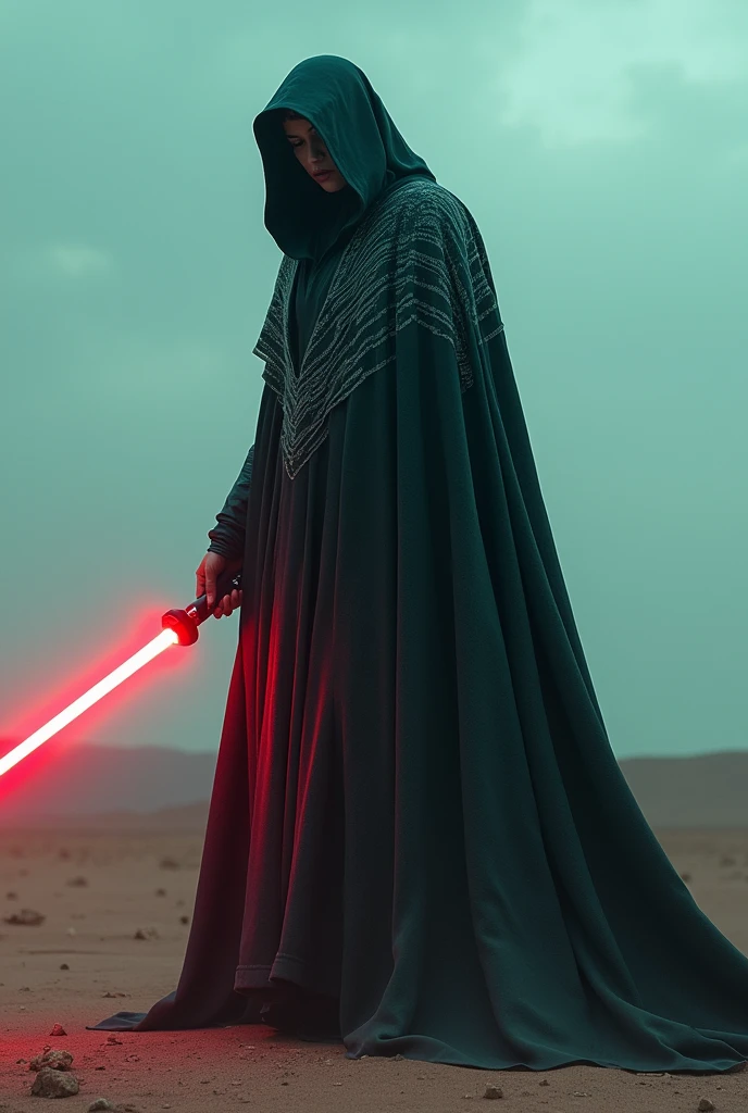 The country botswana as a Sith Lord from Star Wars, lines on the Cape, colors turquoise, white and black, red lightsaber, scary, frightening, ultra-realistic