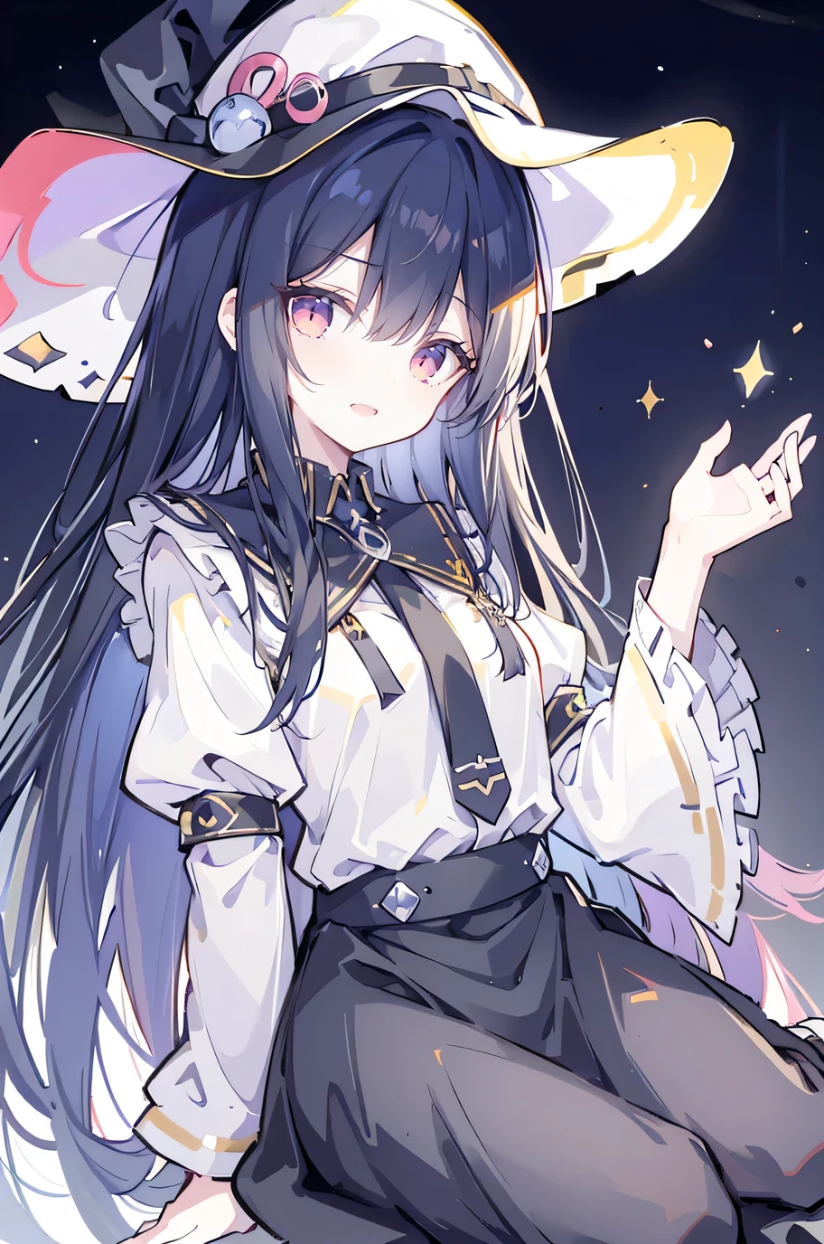 oung Girls,Humanity,A magician always smiles,big witch hat,cute,dark blue long hair,The eyes are dull,The bangs are heavy,Thin eyebrows,fantasy,intake,Double teeth,Star Theme,Constellation pattern,Solid color clothetal decoration,cloak,A bit of a dark atmosphere,A little crazy smile,When the big moon shines outside at night,blood,Hair black star embellishment,Short tie,No nails,High waist skirt,Bell sleeves,Long-sleeved shirt,Black tie,low risk,gentlemen。Mist、Yellow and white effect,Shocking pink as an accent color,Lie on the ground.
