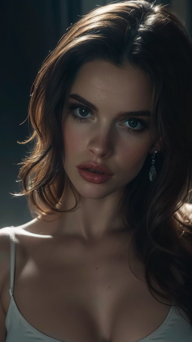 (((ultra realistic))) Photo, masterpiece, top quality, (pale skin), (Ultra detailed face and eyes:1.3), 1 girl, Adult, in a T-shirt, (Eye makeup, mascara) , ((large detailed lips)), ((Dark wavy hair)), ((Chyolka)) , ((Natural breasts)). ((Posing)), photoshoot, studio (soft lighting), (The play of light and shadows), depth of field, bokeh, (special attention to skin detail: 1.2), (Dark atmosphere of the frame, Dark color scheme), ((portrait, close to the camera top view)) , ultra detialed,