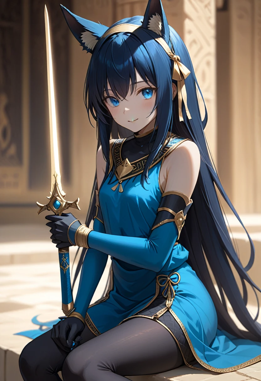 (masterpiece, best quality, ultra detailed, best shadow), (detailed background, dark fantasy), (beautiful detailed face), anubis jackal, best quality, cinematic lighting, 1 girl, alone, long hair, thin, blue eyes, blue hair, pants, blue t-shirt, smile, small breasts, clothing cut, fan, ahoge, sitting, folding fan, blue clothing, two stories, bangs, black thighs, very blushing, looking at viewer, holding a small sword, smile , very long hair, hair band, hair between the eyes, ribbon, sleeveless, closed mouth, blurred background, crossed bangs, outside, sleeveless dress
