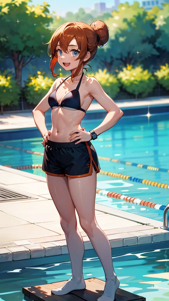 1 girl, masterpiece, best quality, highres, ro1, Misty from pokemon, hair bun, blue eyes, bikini top, blue bicycle shorts, small ponytail on the side, wristwatch, standing, hand on hip, smile, open mouth, (sparkle:1.1), orange hair, medium breasts, 3/4 body view, outdoors, swimming pool