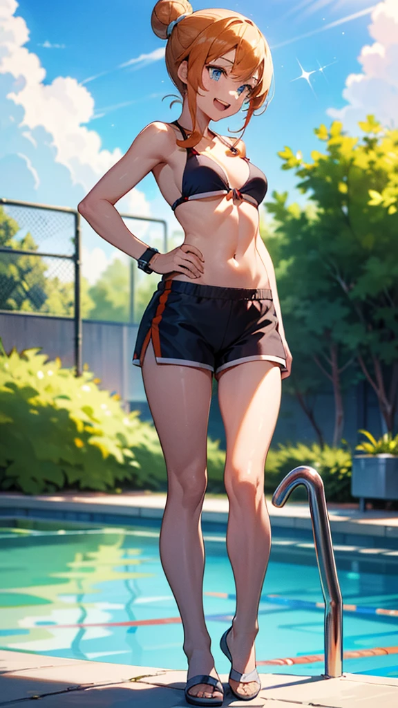 1 girl, masterpiece, best quality, highres, ro1, Misty from pokemon, hair bun, blue eyes, bikini top, blue bicycle shorts, small ponytail on the side, wristwatch, standing, hand on hip, smile, open mouth, (sparkle:1.1), orange hair, medium breasts, 3/4 body view, outdoors, swimming pool