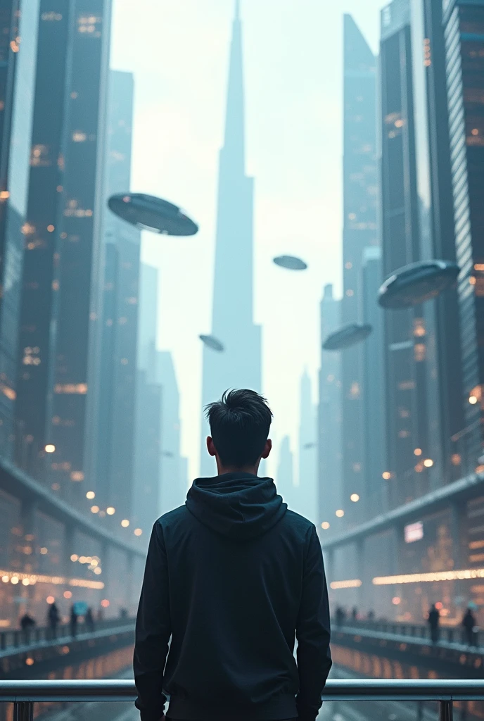 man looking at a futuristic city