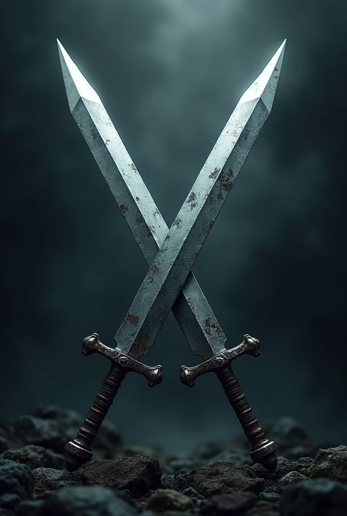 Swords in the shape of "X" upwards, dark surroundings