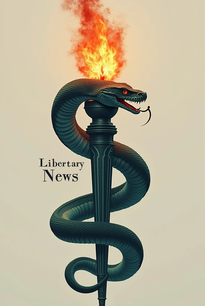 Cobra snake wrapped around a torch similar to the Statue of Liberty's torch, with capital letters in the middle of the image "libertary news" . Minimalist profile