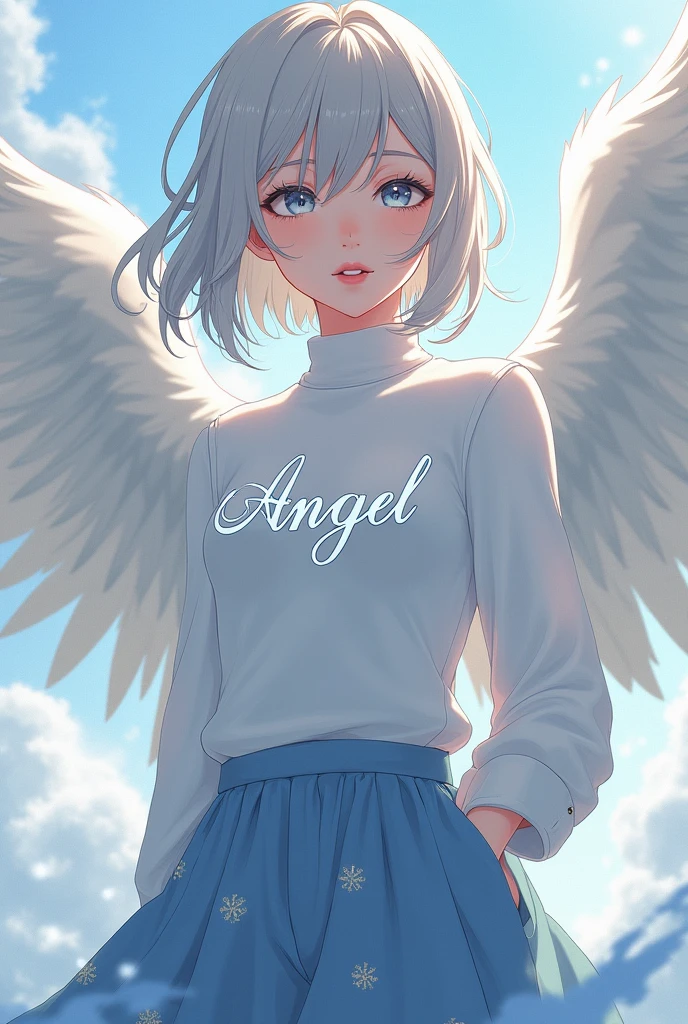 Female character with white turtleneck shirt with name Angel and blue angelic pants with anime theme
