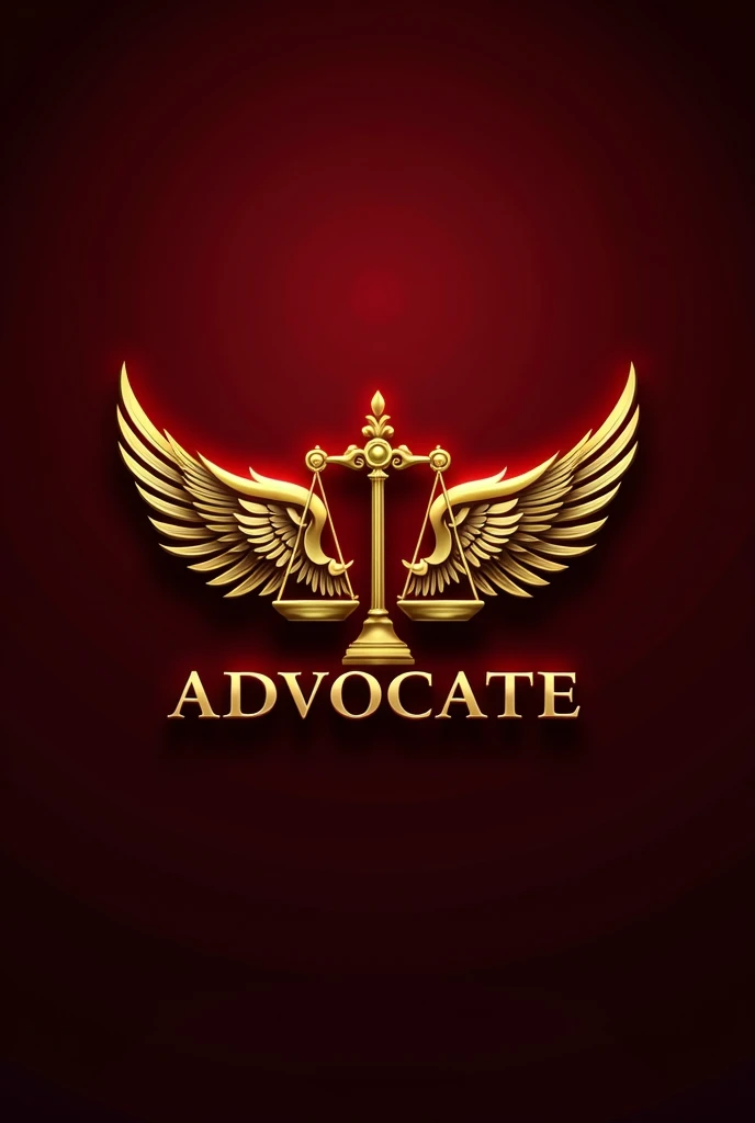 Golden Justice scale logo with golden wings with,"ADVOCATE" In all capital letters written below it in bright silver color, with a burgundy background