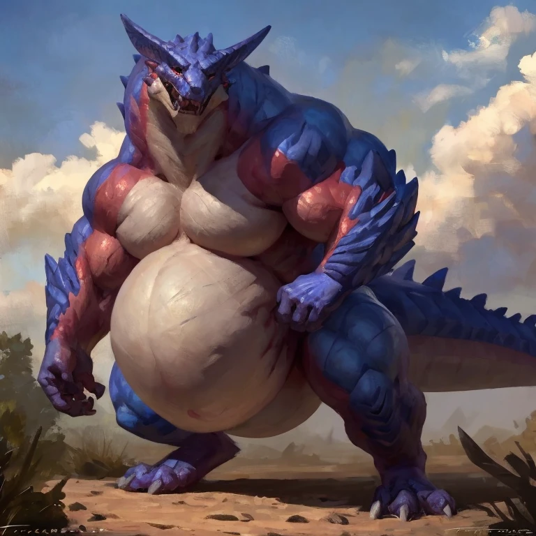Detailed painting, by Taran Fiddler, dragoness, full body, feral, dainty, friendly, colorful, rounded snout, wings, pregnant-like belly, round belly, dominant belly, huge belly, bloated belly, big muscles, wide body, thick body muscles, powerfull muscles, beefy muscles, thick neck, beefy neck, tall, enormous, giant, gigantic, gargantuan, kaiju, powerfull look, badass look
