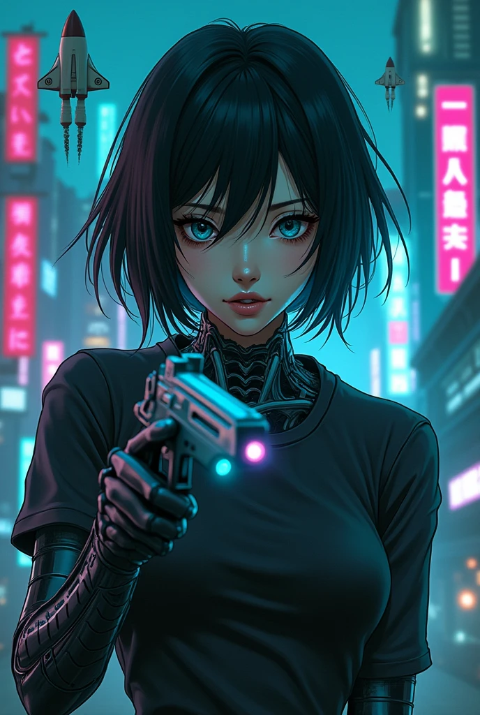 An asian hot woman in her 30s with eyes focused and black hair, robotic arms and neck, face focused, with a rocketship background, blue and pink cyberpunkish colors, more anime like and presenting horror and dark environments, darker and more robotic background with 10 robot arms disconnected in the air at the background and horrifying, like an album cover. A foggy dark environment. Not so bright. Not so realistic. Neon blue neon pink neon green lights. Blue green eyes. 1×1 picture. Add a futuristic futuristic gun in her hand pointing the gun at me while having neutral expression. Add neon futuristic building plus the robot arms to the background. Just a bit realistic more digital art like. With floating robots in the air like after a robot war with a rocketship. Add more features in the background and not blurry. Her finger on the trigger of the gun. Visible background and not just focused on the charecter. The robot arms disconnected floating in the air