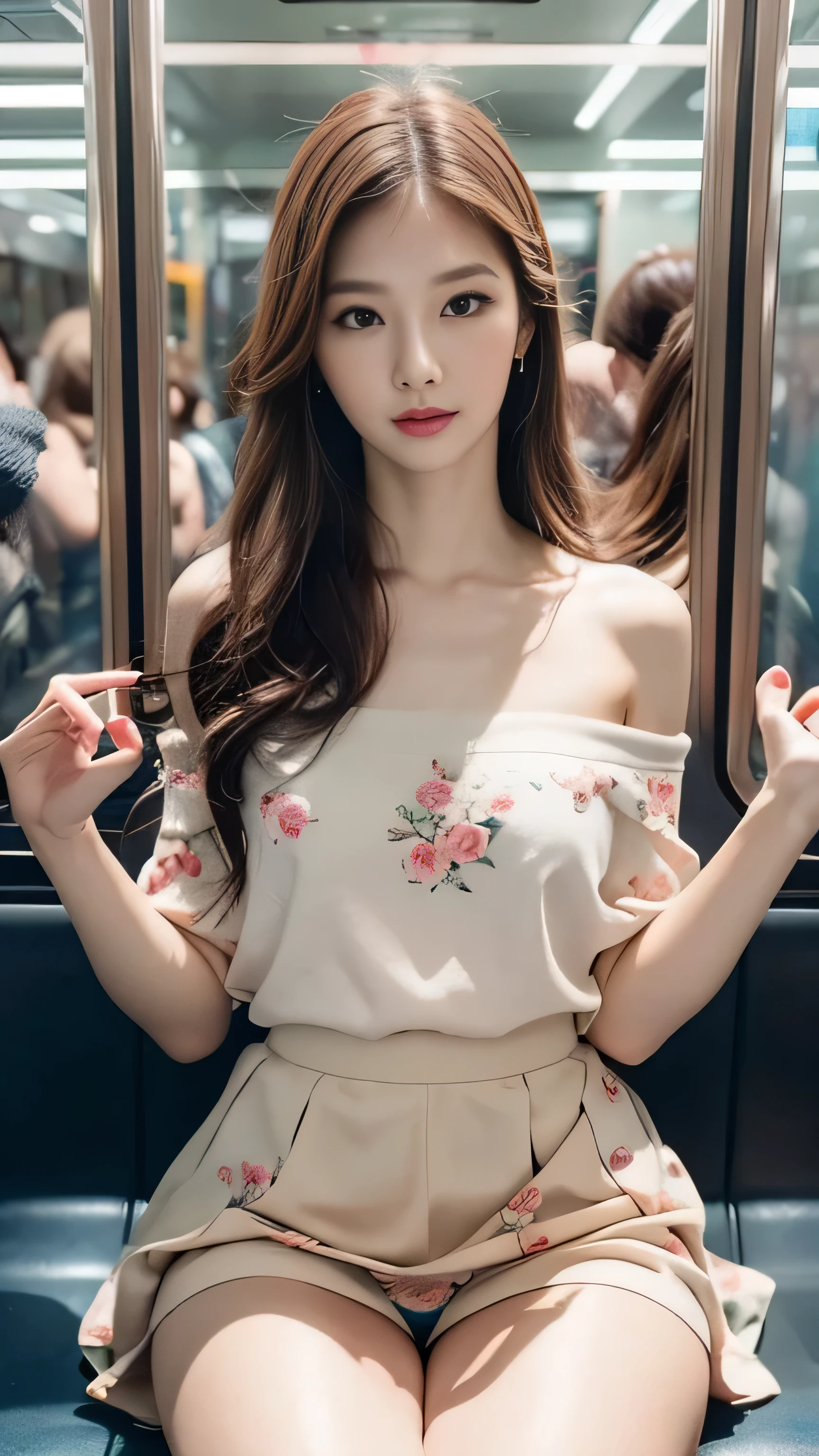 ((Sitting and dozing off on a crowded train、cute)).((Wearing an off-the-shoulder white floral dress： 1.5.)) 40k, photograph, masutepiece, Highest quality, , ((1. Gorgeous light hair with beautiful eyes. White skin、Many poses、mix4, (Best illustration:1.1), (Best Shadow:1. 1）、(K-Pop Idols)、(Pink Cheek)、(Wide eyes:1. 2)、(Slim legs)、Erotic、nffsw、High Detail Ambient Occlusion、Natural and harmonious composition、Fine art photography、Exposed crotch、Exposed underbelly、Highest quality、Mast Piece、Ultra high definition、(Photorealistic:1. 4), 生photograph, (Perfect figure), (slim:1.3), Slim abdomen, Perfect slim figure, 独奏, Deep Shadow, Inconspicuous, Cold light 12000K, The texture of the face and skin is very fine, Fine grain, Realistic eyes, Fine beautiful eyes, (Realistic Skin), Charm, Ultra-high resolution, ultra-realistic, Very fine,.Slim lower body,(Lift-up skirt),(Panties are visible)