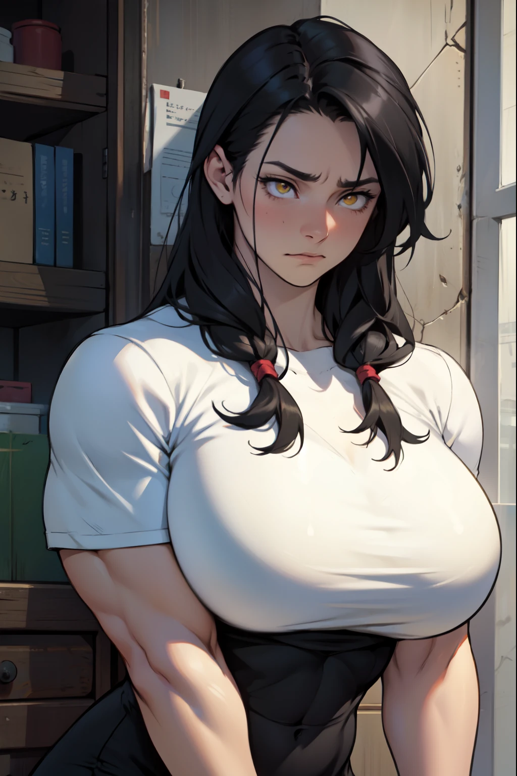 embarrassed sad long black hair yellow eyes pale skin muscular girl huge muscles large breasts looking away