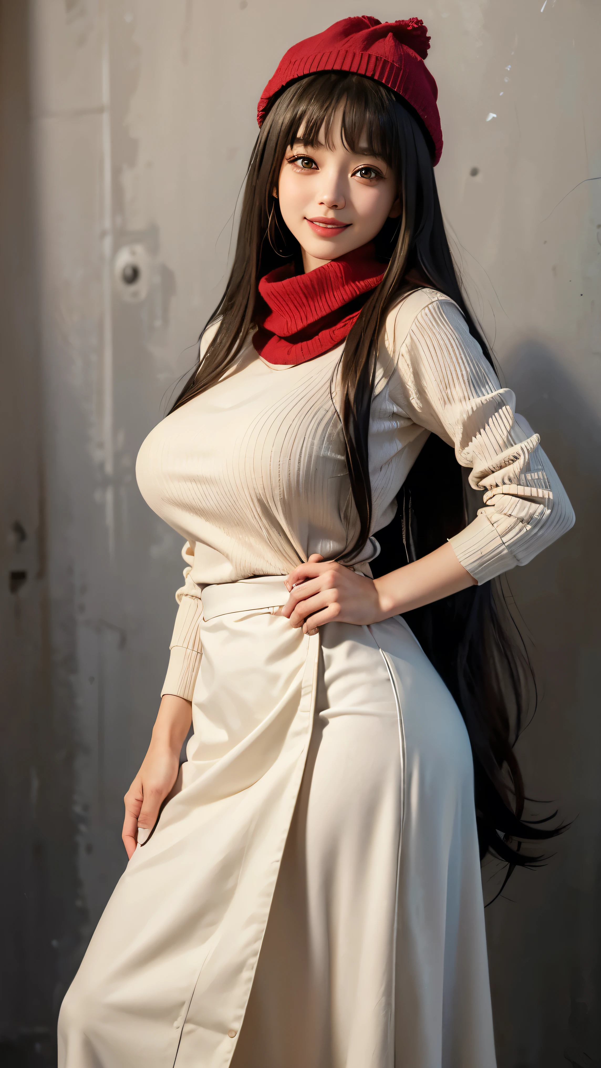 (masterpiece:1.4)、(highest quality:1.4)、ultra high resolution、anime style、20 year old woman、black long hair、blunt bangs、brown eyes、knit hat、Scarf、Beige sweater、long skirt、(huge breasts:1.2)、red face、smile、it's snowing、rooftop、sunrise、The snow reflects the sunlight、natural lighting、deep shadow lighting