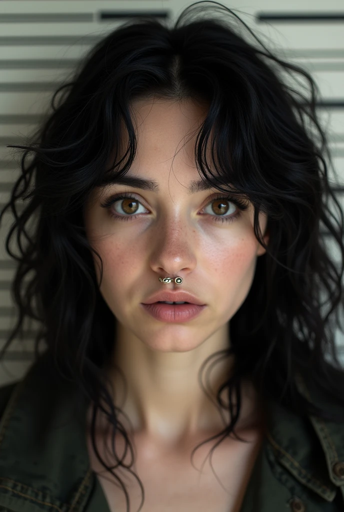 a mugshot of a white girl with long black curly hair and a nose ring in the left side of her nose and with big brown eyes 
