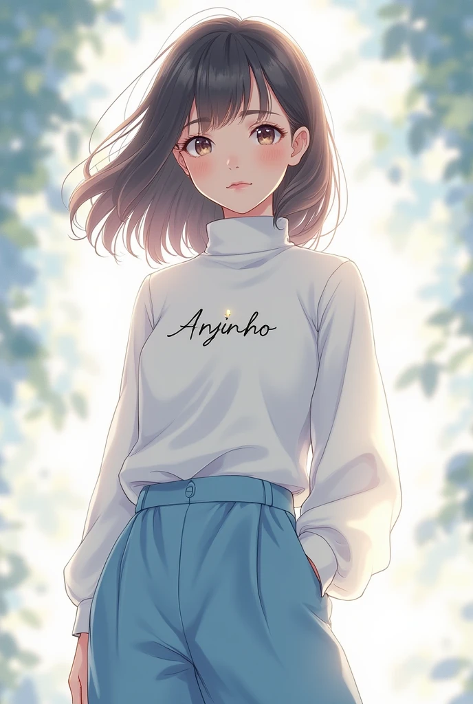 Female character with white turtleneck shirt with name in Portuguese Little Angel and blue angelic pants with anime theme