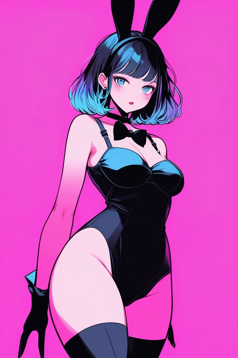 Illustrator, anime , Realistic ,sketch , 1 person, model, Age 25, lip, Sexy and revealing Playboy bunnies,Bunny ears, black Bunny ears, fake Bunny ears, pantyhose, black pantyhose,bow tie, Wrist cuff, Black leotard, order, Blue and pink gradient background, Neon Short Hair, Big Breasts, Her cleavage is visible, look back, Upper Body, Sexy look, Texture Trim, Russia, (masterpiece,Highest quality)