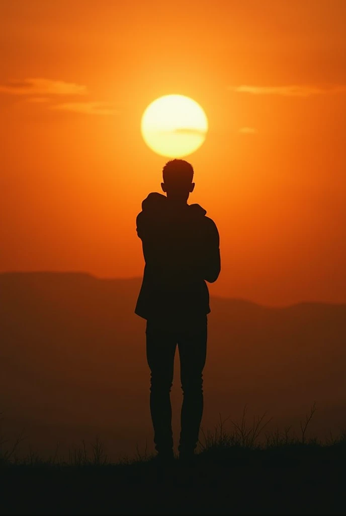 I want the image of someone as if they were a shadow with their backs turned, hugging themselves and looking out at the sun., black and orange photo tones . Image representing self-love and happiness