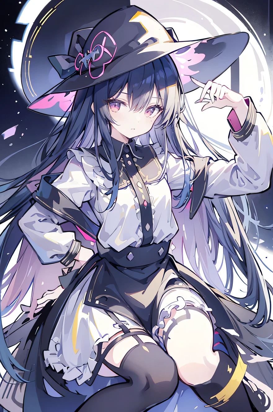 oung Girls,Humanity,A magician always smiles,big witch hat,cute,dark blue long hair,The eyes are dull,The bangs are heavy,Thin eyebrows,fantasy,intake,Double teeth,Star Theme,Constellation pattern,Solid color clothetal decoration,cloak,A bit of a dark atmosphere,A little crazy smile,When the big moon shines outside at night,blood,Hair black star embellishment,Short tie,No nails,High waist skirt,Bell sleeves,Long-sleeved shirt,Black tie,low risk,gentlemen。Mist、Yellow and white effect,Shocking pink as an accent color,Lie on the ground.