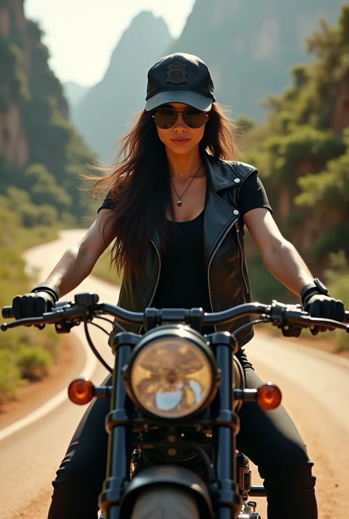 Brazilian female motorcyclist, is wearing a black loose t-shirt and a black leather vest, está usando um 🧢 preto com óculos escuros, the landscape is a road with stunning nature around it and the sun is beautiful, she is sitting on top of a custom motorcycle, your hair is long and black