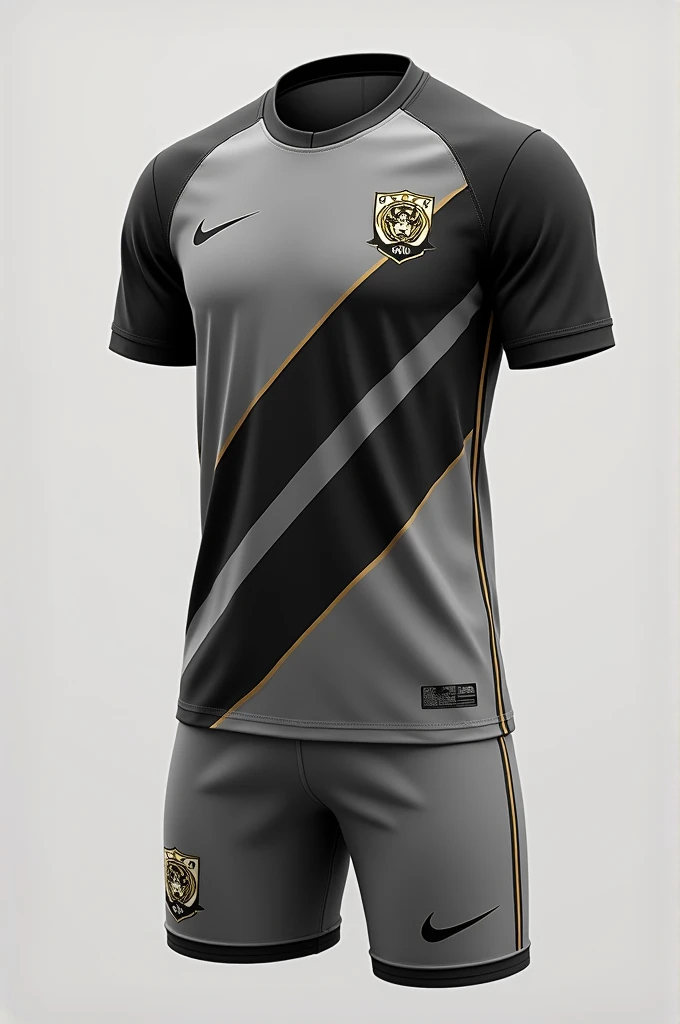 Chat make me a team shirt, with the color gray with black and some white details with gold, and a symbol of a lion on the print, small size, normal, and with the shorts clearly highlighted