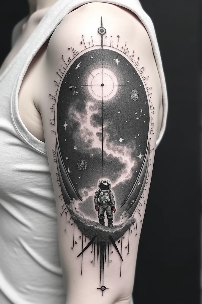 Black and white tattoo with only fine lines and strokes with a galaxy and mathematical elements. Add a small astronaut. Do not add black backgrounds to the tattoo.
