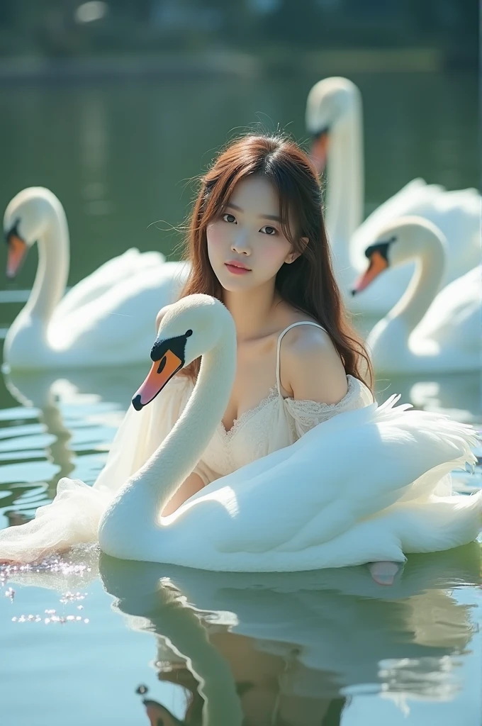 I'm taking photos for a new concept album. Creating a girl group concept photo, the girls pose with beautiful white swans