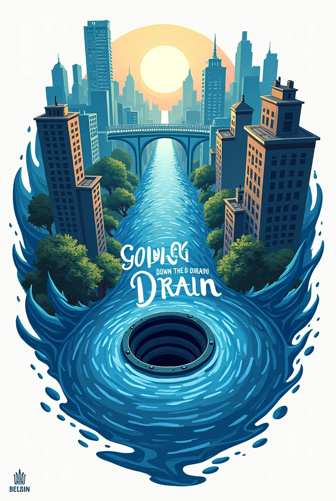 create a logo for a card game called "Going down the drain" , A drain in the center, piso molhado e os dizeres Going down the drain como se fosse de água e com o desenho de uma cidade indo pelo ralo também. This card game has the environment as its theme.

