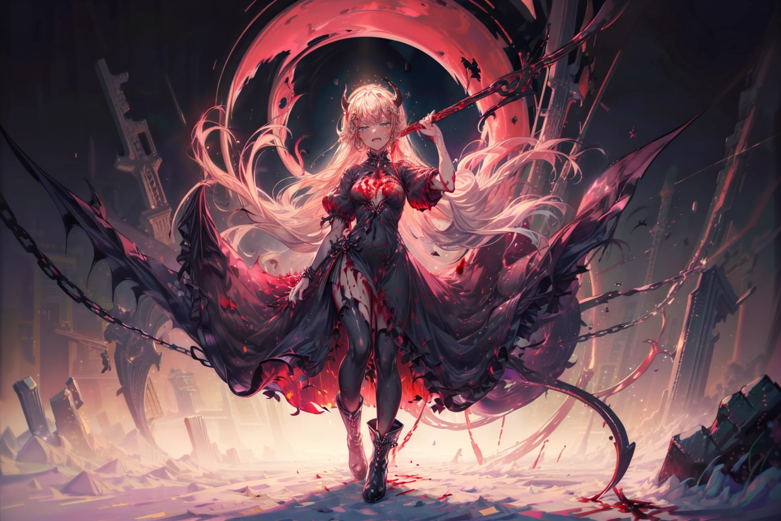 beautiful girl、とてもcute天使、Pink T-shirt、cute、Baby Face、smile、Long skirt、Black long boots、.(Highest quality,4K,High resolution,masterpiece:1.2),Very detailed,Realistic:1.37,Spooky altar background,Dark fantasy,Red color scheme,Ominous atmosphere,Eye-catching,Storytelling,anatomy,Anime Style,Concept Art,beautiful細部までこだわった顔と (((Red eyes ))),A terrifying ritual ,Satanic Ritual,Premature death,inappropriate behavior,クレイジーなsmile,Scythe Face,Girl Monster, beautiful, Delicate facial features, Sharp Eye, Sharp Fangs, pale skin, Thick chain, Dark Background, Cinema Lighting, Dramatic Shadows, Gothic style, Gloomy atmosphere, Dark fantasy, one person&#39;s, Please open your mouth wide, Open your mouth and baring your teeth,Sharp teeth like a beast, Wide lips, very wide mouth, Vermilion cheeks, ,(Blood splatter:1.4),Scary smile, smile,Angel Design, Twisted smile、Bloody、bleeding from the head,,,,,、Blood splatter、,(Blood splatter:1.4),skull,Horror Style, ((Fantasy Sweet Ta Frill Pink Costume)), ((Flowing blonde hair)), ,(Blood splatter:1.4),Female curves, Sexy flat stomach, Perfect hands, Perfect anime face, (Pink Tata Dress)), Are standing, ((邪悪なsmile)), ,(Blood splatter:1.4), Steam circulates, Moonlight Illumination, night lighting, (Blood splatter:1.6),アニメAngel Design, Twisted smile、Bloody、bleeding from the head,,,,,、Blood splatter、,(Blood splatter:1.4), skull,Gothic architecture、Western architecture、Fantasy World、,Victorian cities, Skeleton Gas Light,Absurd, High resolution、 ((Tabletop)), ((Highest quality)), (Very detailedな), ((Very detailed)), (beautiful), ((cute)), (NFSW:1.8), alone,(:1.6)、(world&#39;The most terrifying and creepy demon girl:1.5)beautiful face、Whole Body Ezbian、pale, beautiful肌、beautiful金の髪、優しくsmileむ、Dark building ruins、(snow white&#39;Frill dress:1.3)、(The dark ruins are stained with blood:1.3)、Low angle full body shot、(少女は血の海の中にAre standing:1.5)、(The ground is full of blood:1.3)、(The girl lost a lot of blood....:1.3)、(クレイジーなsmile:1.6)、Spirits、(Blood dripping from the mouth:1.3)、
