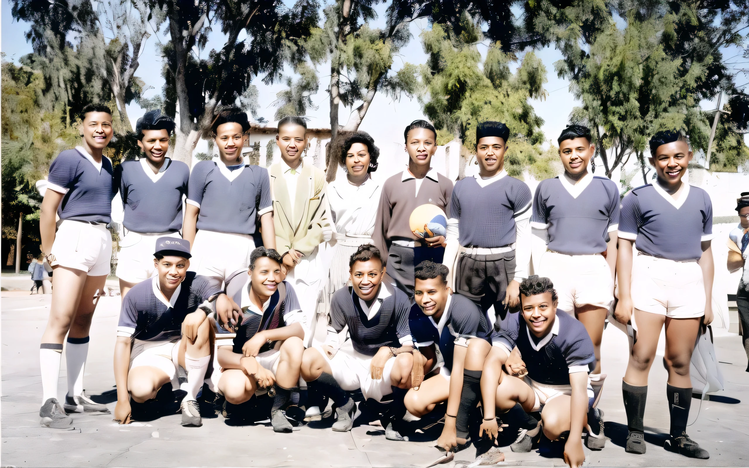 There are many people posing for a photo together in a group, color photo, a colored photo, Colombia in the 60s, colored, old color photo, mulatto, colored, 1957, colored, 1956, 1 9 5 6, 1955, 1 9 5 5, sport, colored photo