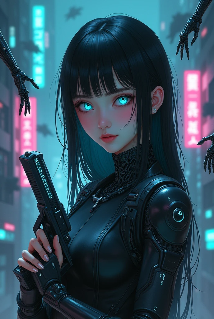 An asian hot woman in her 30s with eyes focused and black hair, robotic arms and neck, face focused, with a rocketship background, blue and pink cyberpunkish colors, more anime like and presenting horror and dark environments, darker and more robotic background with 10 robot arms disconnected in the air at the background and horrifying, like an album cover. A foggy dark environment. Not so bright. Not so realistic. Neon blue neon pink neon green lights. Blue green eyes. 1×1 picture. Add a futuristic futuristic gun in her hand pointing the gun at me while having neutral expression. Add neon futuristic building plus the robot arms to the background. Just a bit realistic more digital art like. With floating robots in the air like after a robot war with a rocketship. Add more features in the background and not blurry. Her finger on the trigger of the gun. Visible background and not just focused on the charecter. The robot arms disconnected floating in the air