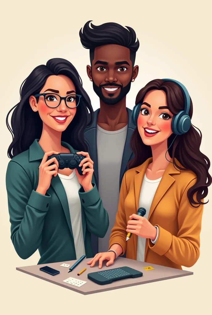 Create me a logo where there is a girl with long hair, black and his white skin tone and with glasses and a microphone next to him and next to her a dark-skinned man with short wavy hair with a play control in his hand and next to him a light-skinned girl with medium-short hair, black and headphones on the ears and a pencil in the hand that looks realistic