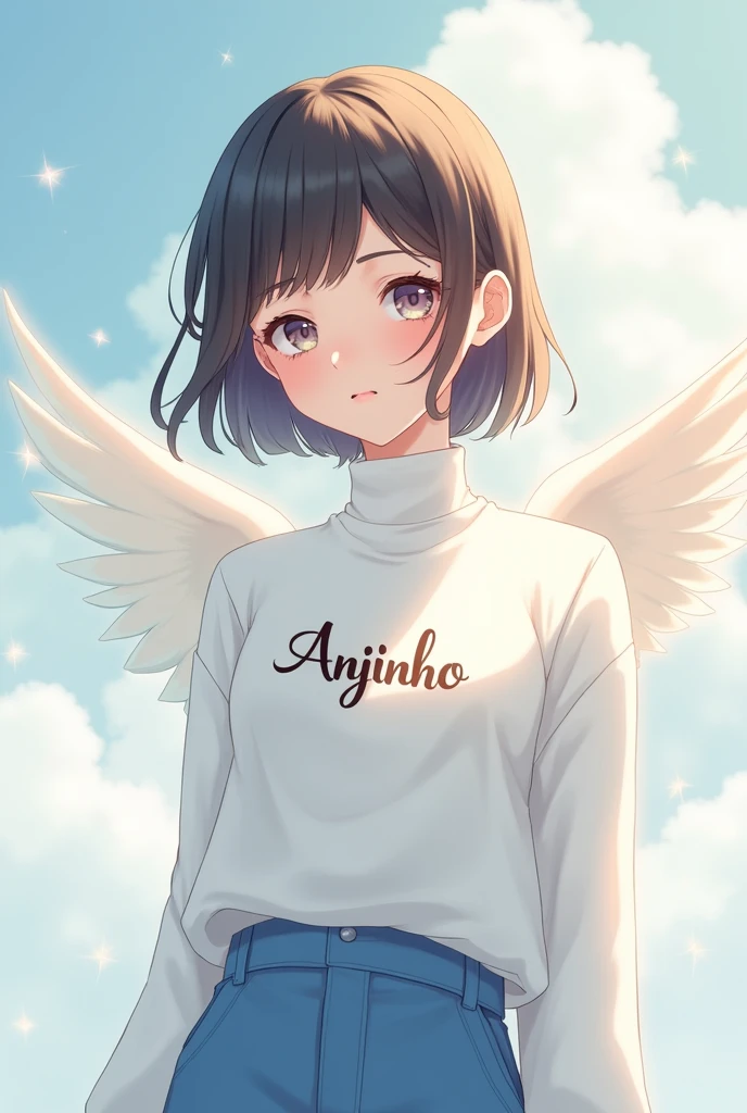 Female character with white turtleneck shirt with name in Portuguese Little Angel and blue angelic pants with anime theme