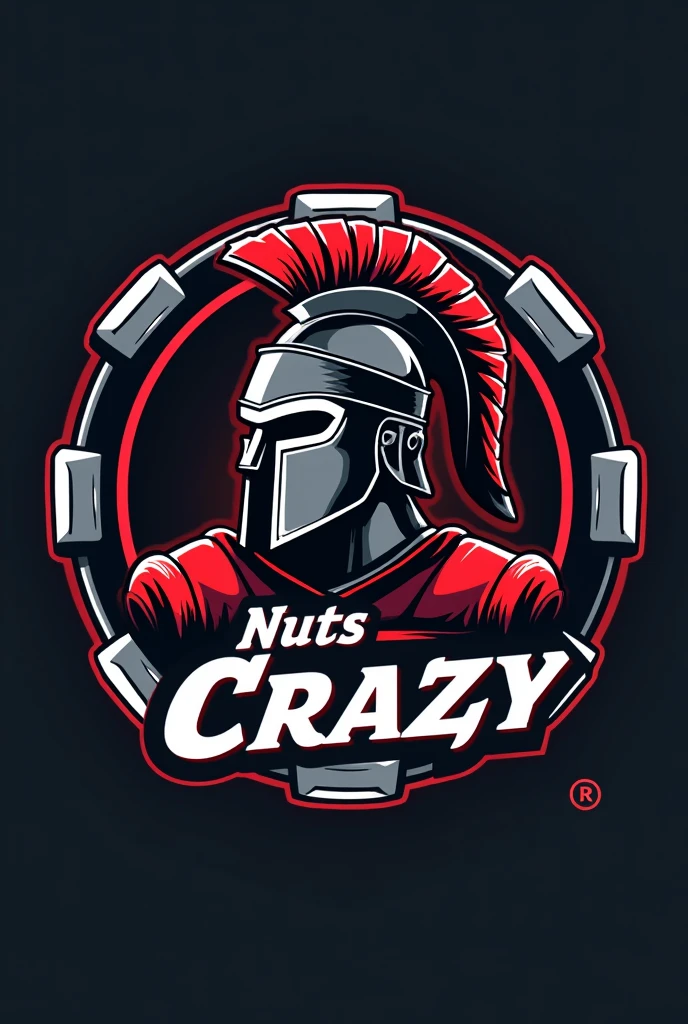 Logo football, Top Text "nuts",Bottom text "CRAZY", center spartan helmet, border hex nut