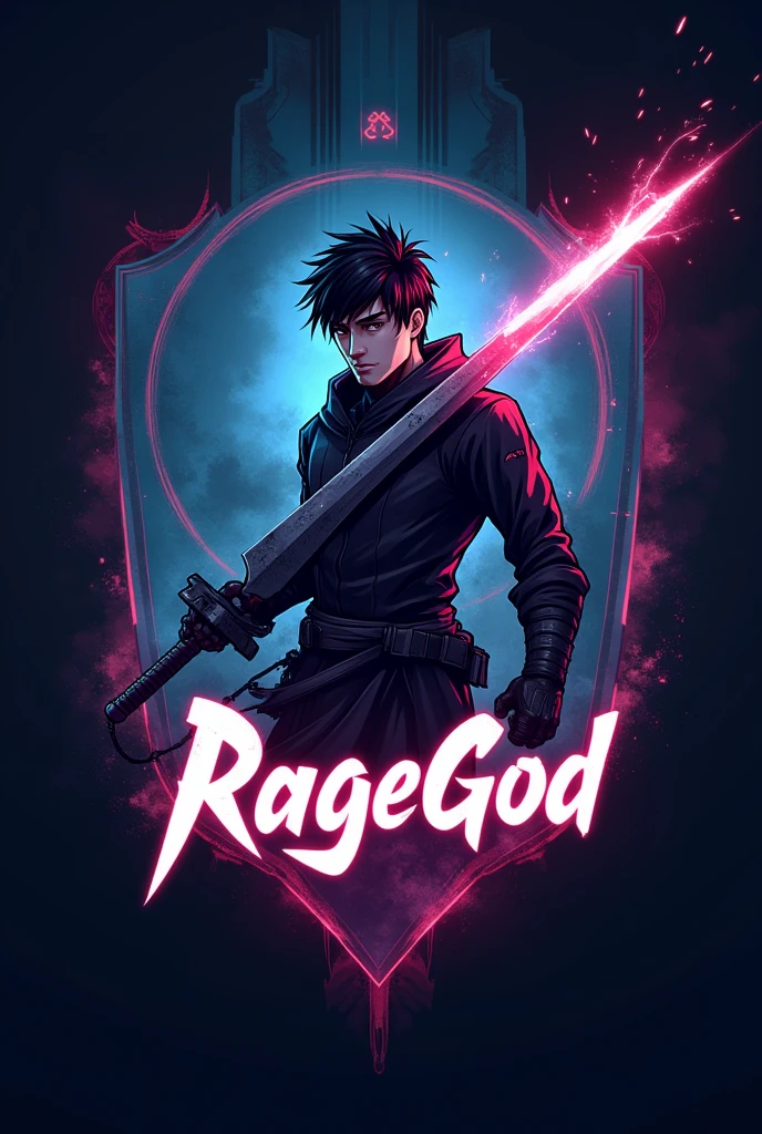 Gaming esport team logo inspired by solo leveling sung jin woo with sword and written RAGEGOD dark color theme futuristic 