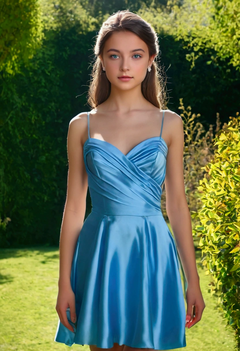 (masterpiece, best quality:1.5), highest quality, High resolution, super detailed, Realists, Full body photo of a young European brunette, detailed and beautiful brown eyes, very detailed eyes and face, longeyelashes, The young woman wears a short blue bridesmaid dress with thin straps made of shiny satin.., beautiful natural makeup, elegant and noble々Pose, Gardens as background, soft daylight, bright colors, fine brushstrokes, shiny fabric for clothing, beautiful color palette, glowing skin, First-class rendering, that captures every detail, enchanting atmosphere, subtle shadows and lights, (perfect anatomy:1.2), (The stunning young woman is at a wedding and is thrilled, (magnificent panorama view:1.2)