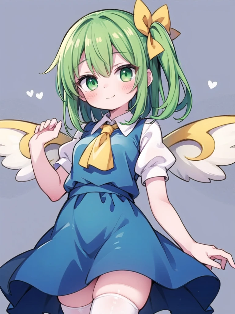 1girl, masterpiece, best quality, perfect hands, blush, smile, closed mouth, daiyousei, green hair, side ponytail, green eyes, bow, yellow ribbon, hair ribbon, ascot, blue dress, wings, white shirt, collared shirt, puffy short sleeves, white thighhighs, medium hair