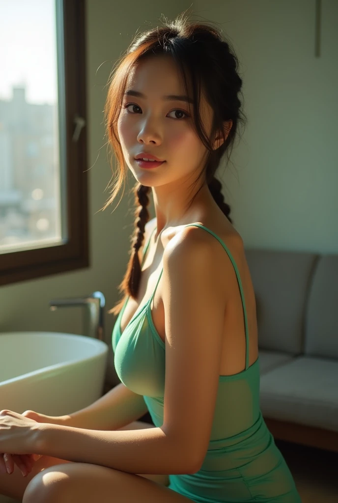 (Very close shot, zoomed in close-up face portrait:1.5) photo of a smirking, (closed mouth:1.5) curious stunning strong young 23 year old Manchu woman with short straight braids brunette hair,. (giant breasts:1.3), muscular ass. She is wearing a (jade sheer minidress that shows cleavage, high heels:1.1). She is slutty squatting facing away from camera, in a bathroom with window and couch, industrial district visible through window in the background. morning, sunny. cinematic lighting, vibrant colors, detailed skin texture, detailed cloth texture, beautiful detailed perfect face, intricate sharp details, ultra high res