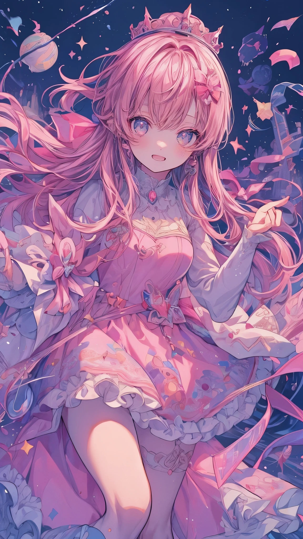 Princess、Prince、Light pink long dress、Dance、Castle、firework、流れstar、Night Sky、star、moon、(Happy Face、smile)