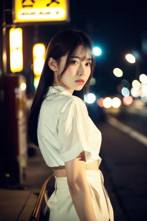 (Cinematic aesthetics:1.4) Photo of a beautiful Korean fashion model bokeh city night