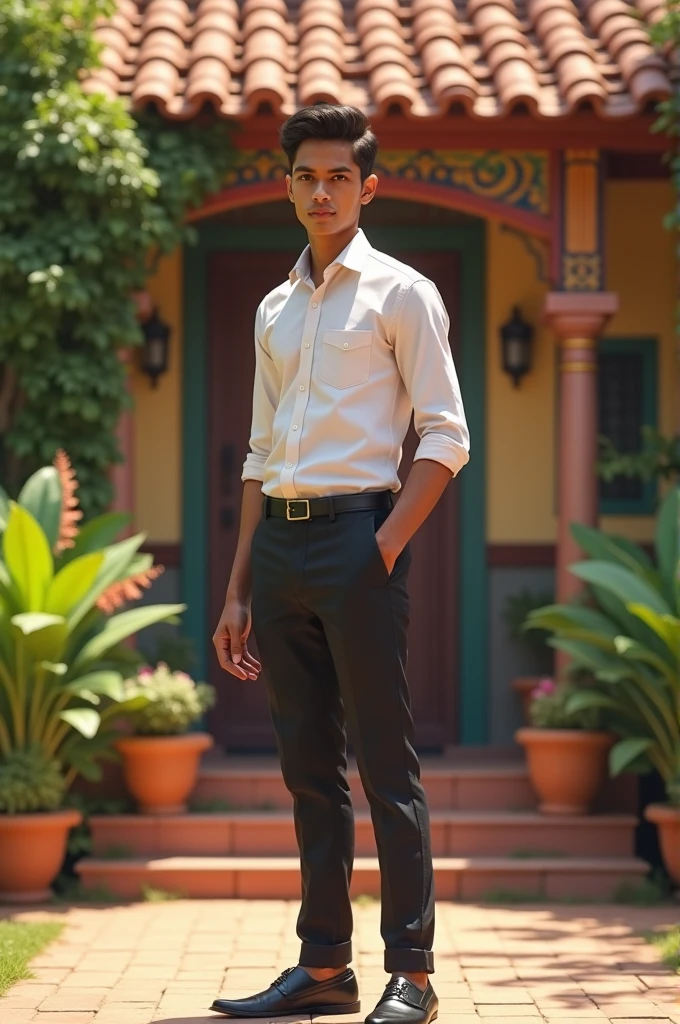 18 year old Indian boy handsome wearing formals posing for Nadeem beautiful village home in background