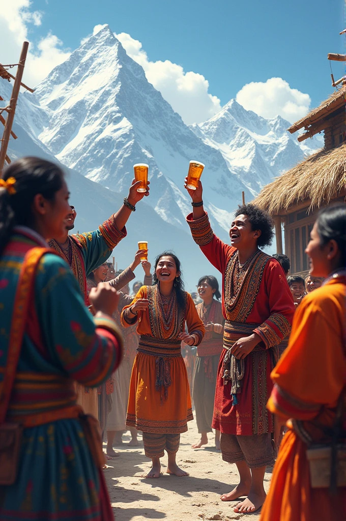 Himalayan tribal people wining and people are celebrating