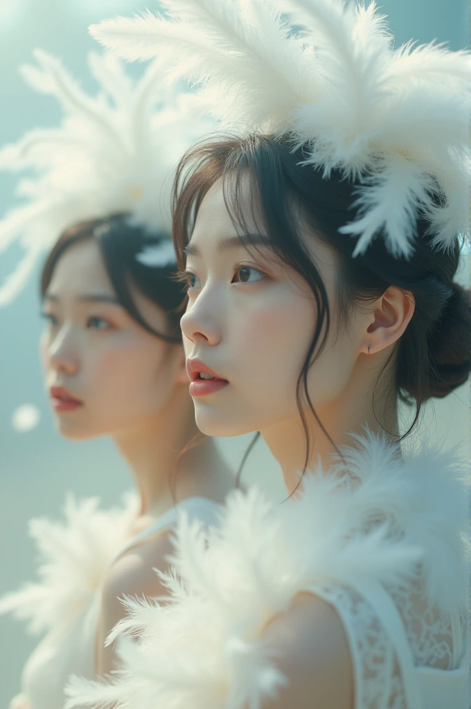 I'm taking photos for a new concept album. Create a girl group concept photo with soft, white feathers