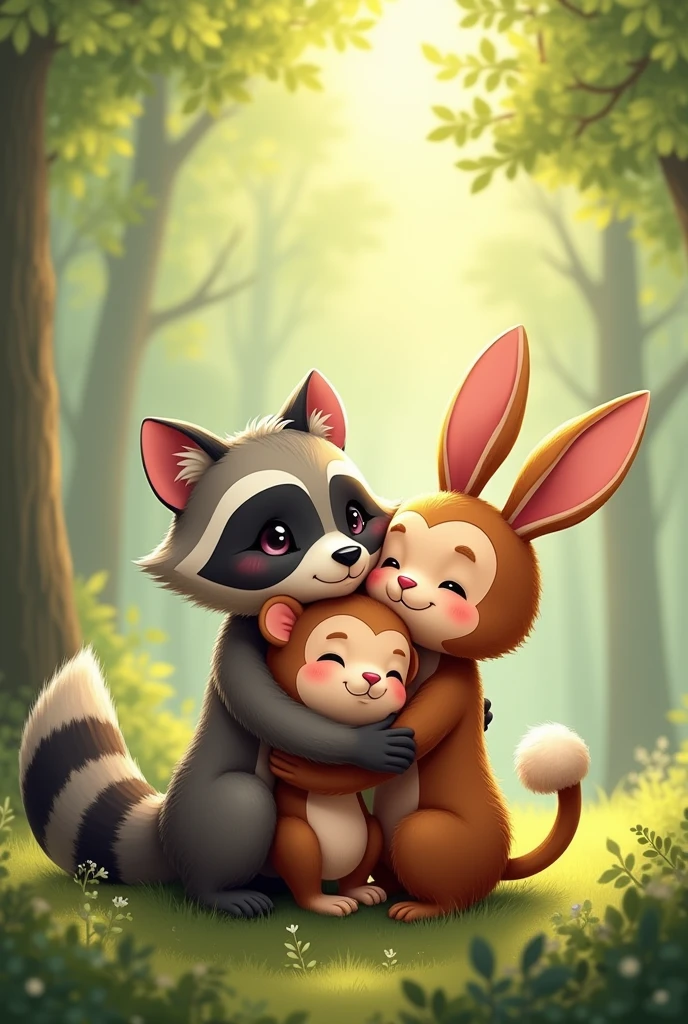 A little raccoon, A monkey and a little rabbit hugging each other, that they look pretty