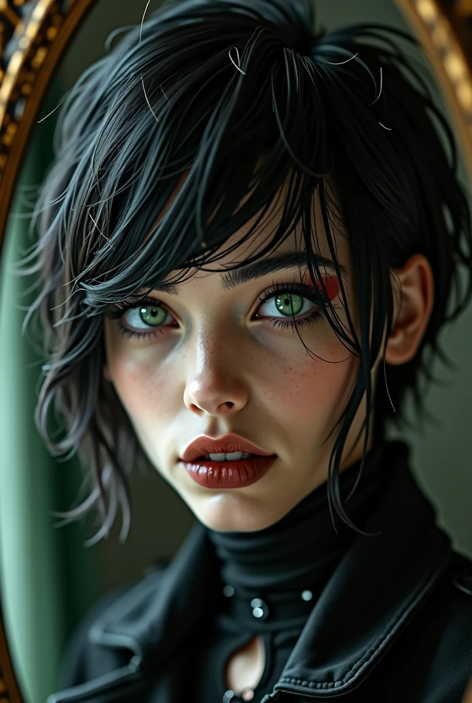 Pretty girl, edgy pixie cut, black hair, goth attire, alluring siren eyes, positive canthal tilt, green eyes, mirror selfie, photorealistic, dark femininity 