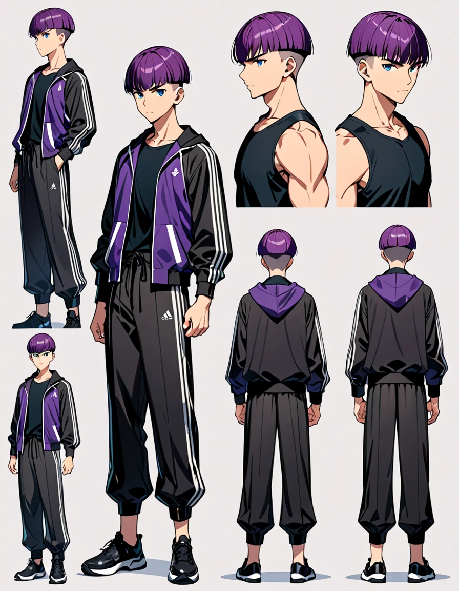 (masterpiece), (best quality), (high res), male, tall body, beautiful detailed eyes, beautiful detailed face, serious, perfect hands, complete fingers, perfect anatomy, perfect proportions, ((purple hair, short hair, undercut haircut bowl cut )), ((blue eyes)), (( jacket, black tank top and black buggy pants outfit)), muscles, flying pose, looking at viewer, (solo, solo focus), standing,, sword on the back, full body costume design. Simple background, Multiple Views, Character Sheet Full-Length.