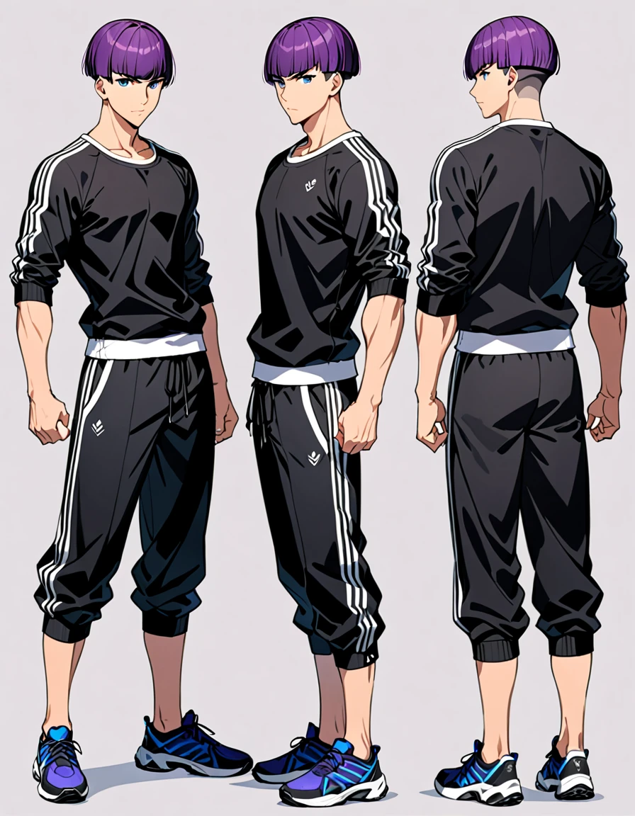 (masterpiece), (best quality), (high res), male, tall body, beautiful detailed eyes, beautiful detailed face, serious, perfect hands, complete fingers, perfect anatomy, perfect proportions, ((purple hair, short hair, undercut haircut bowl cut )), ((blue eyes)), (( jacket, black tank top and black buggy pants outfit)), muscles, flying pose, looking at viewer, (solo, solo focus), standing,, sword on the back, full body costume design. Simple background, Multiple Views, Character Sheet Full-Length.