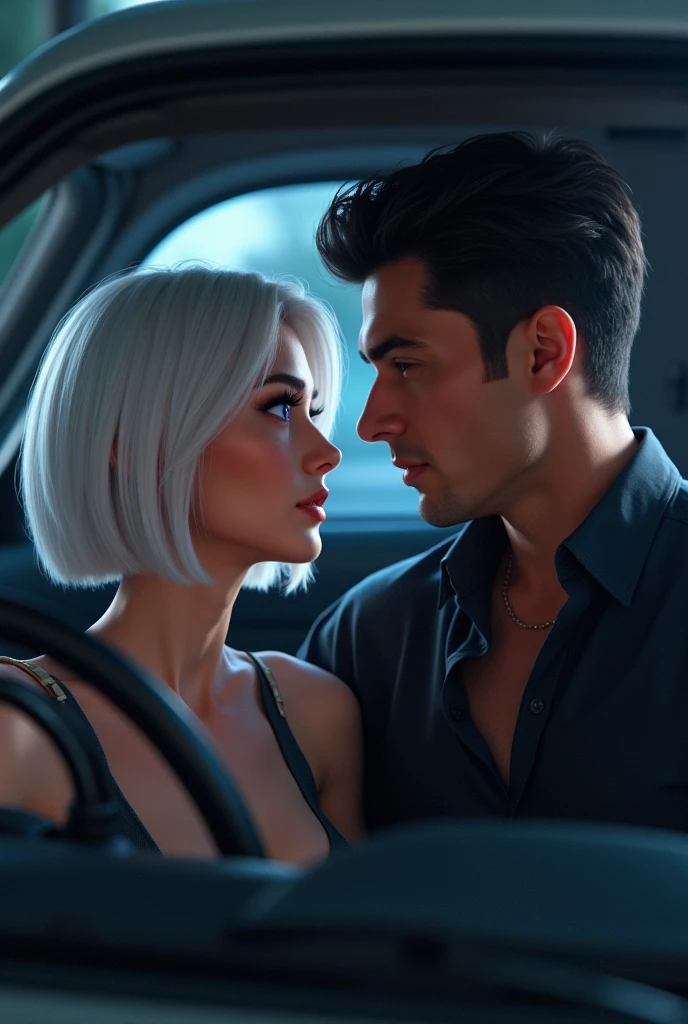 Couple inside the car talking, the woman has characteristic short white hair, violet eyes and light brown skin., and the man is strong and handsome with dark hair and a black dress shirt