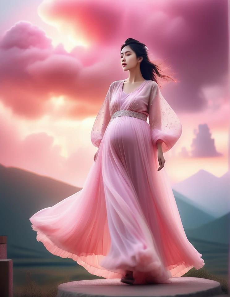 (masterpiece,best quality:1.5), cinematic photo A full body portrait of a levitating beautiful pregnent woman   pink light clouds,pink  and white dress,Daxiushan, Daxiushan style, volumetric lighting . 35mm photograph, film, bokeh, professional, 4k, highly detailed, realistic