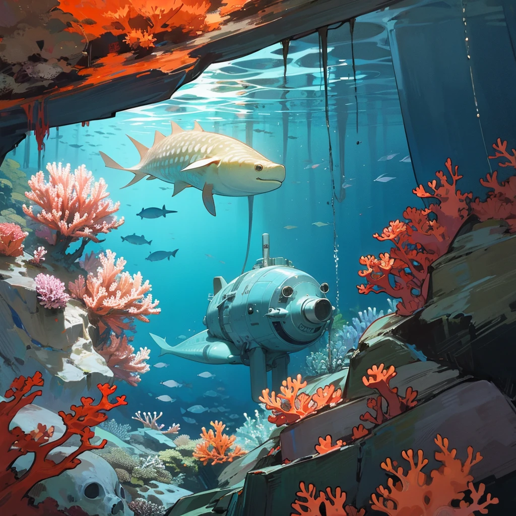 Marine scientist, divers, exploring the ocean floor inside a submarine, marine ecosystem with corals, sea creatures, etc...