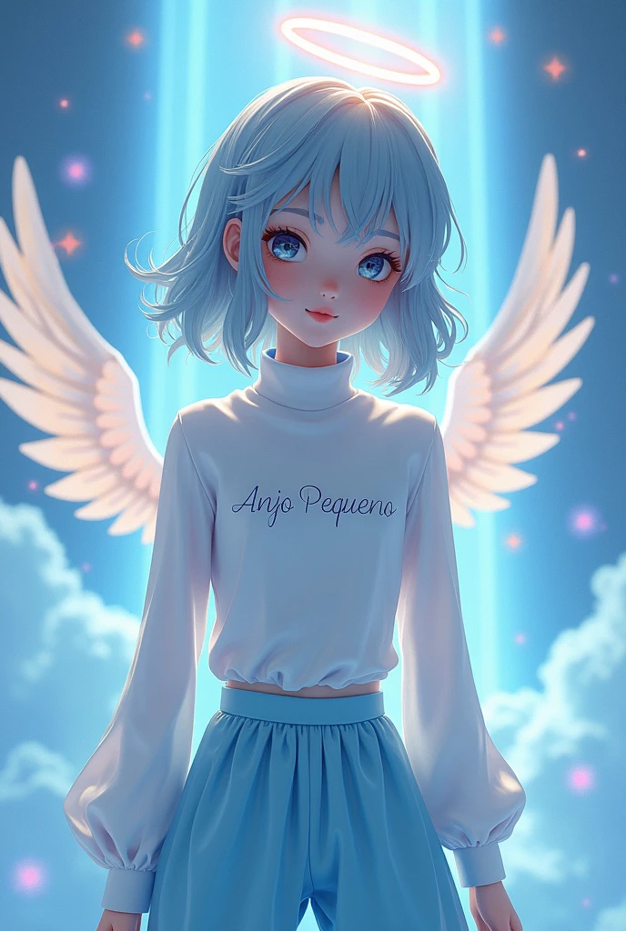 Female character with white turtleneck shirt with name in Portuguese Little Angel, blue angelic pants, 3D anime theme